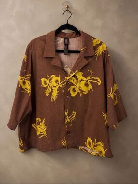 Savage X Fenty Large Hawaiian Camp Collar Button-Up Shirt Brown Yellow Floral Re